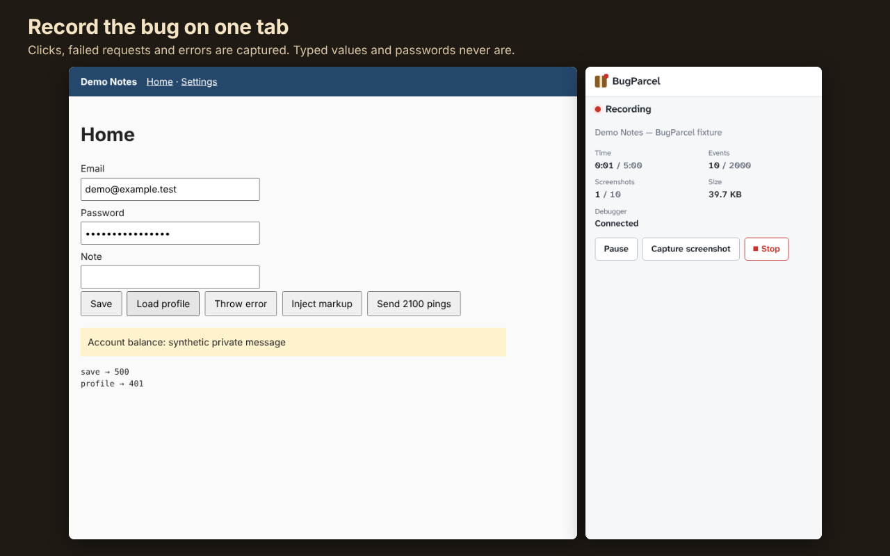 A demo page being recorded, with the BugParcel side panel showing the event count.