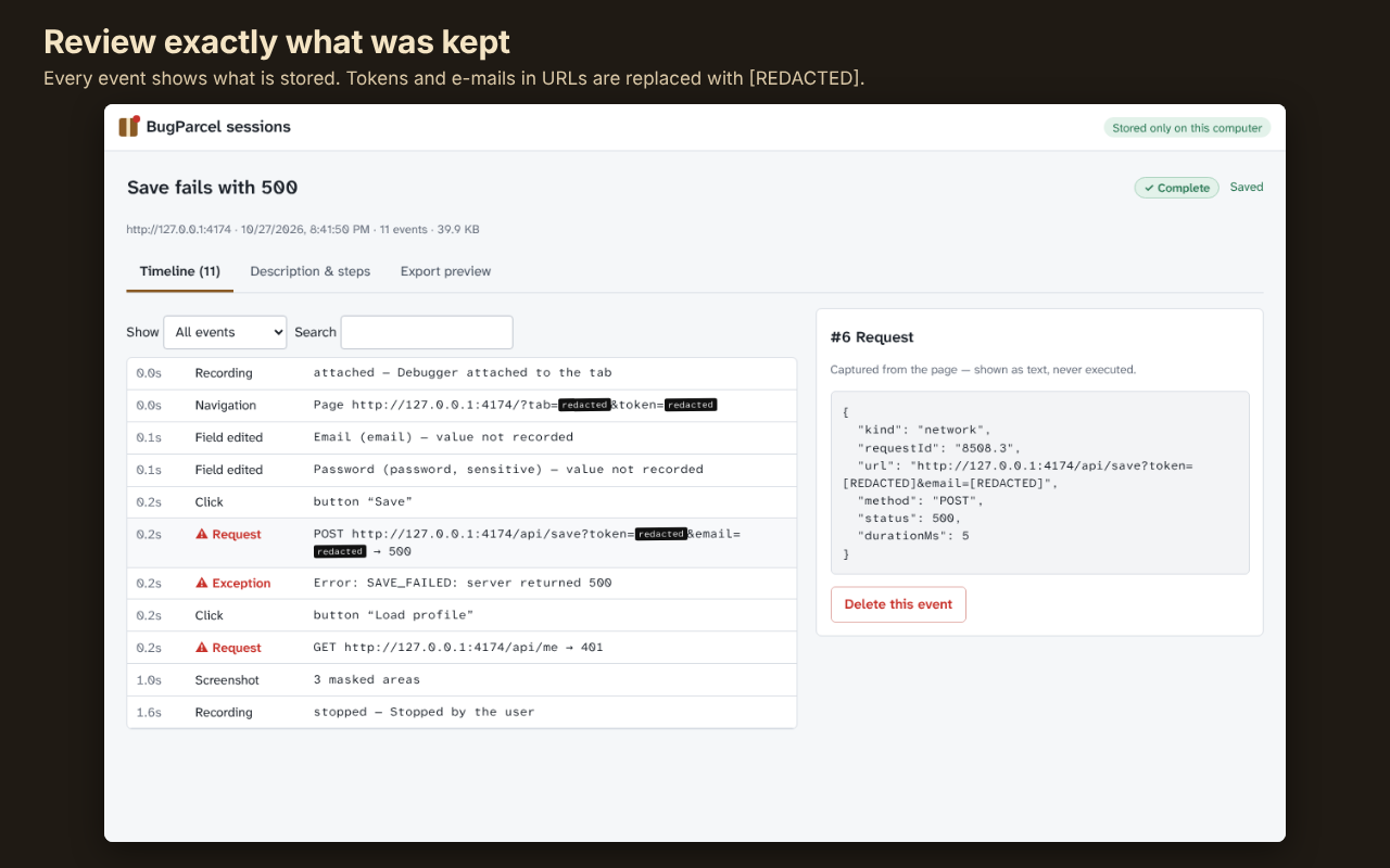 The review screen listing recorded events, with tokens in URLs shown as REDACTED.